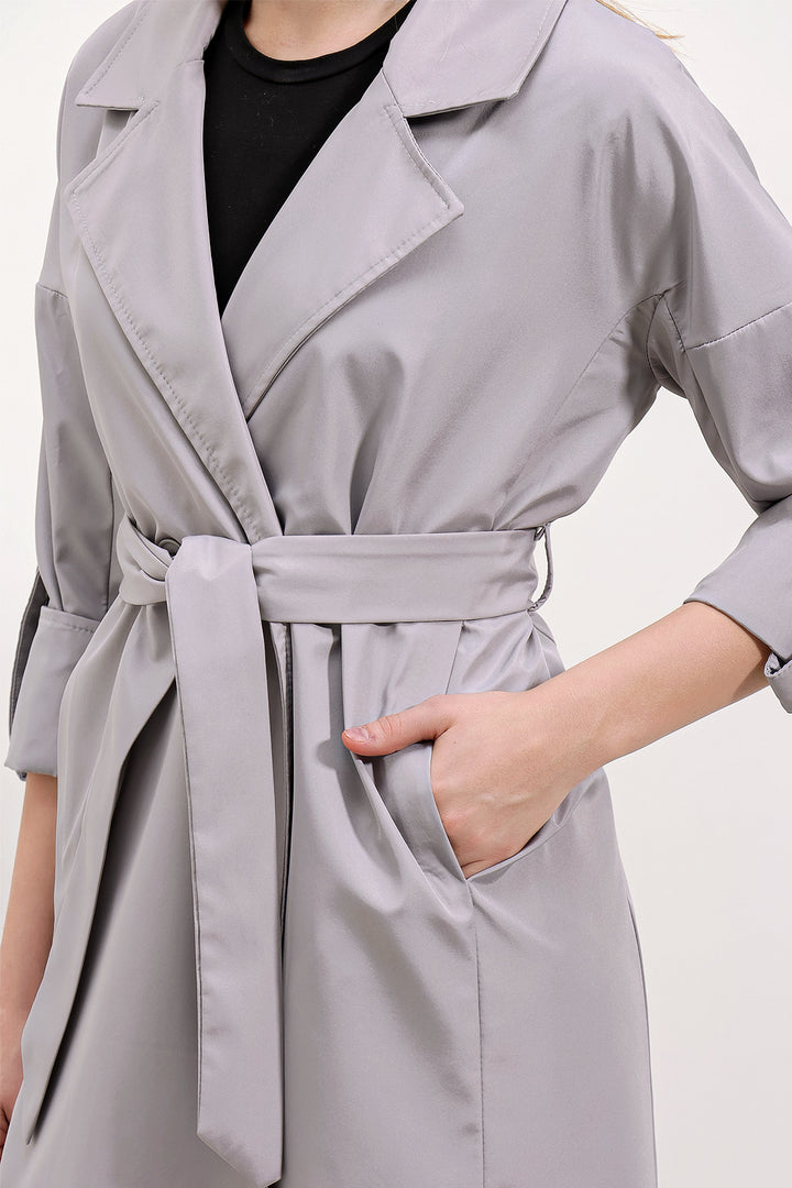 BGD Women Double-Breasted Collar Lined Trench Coat - Grey - Odivelas
