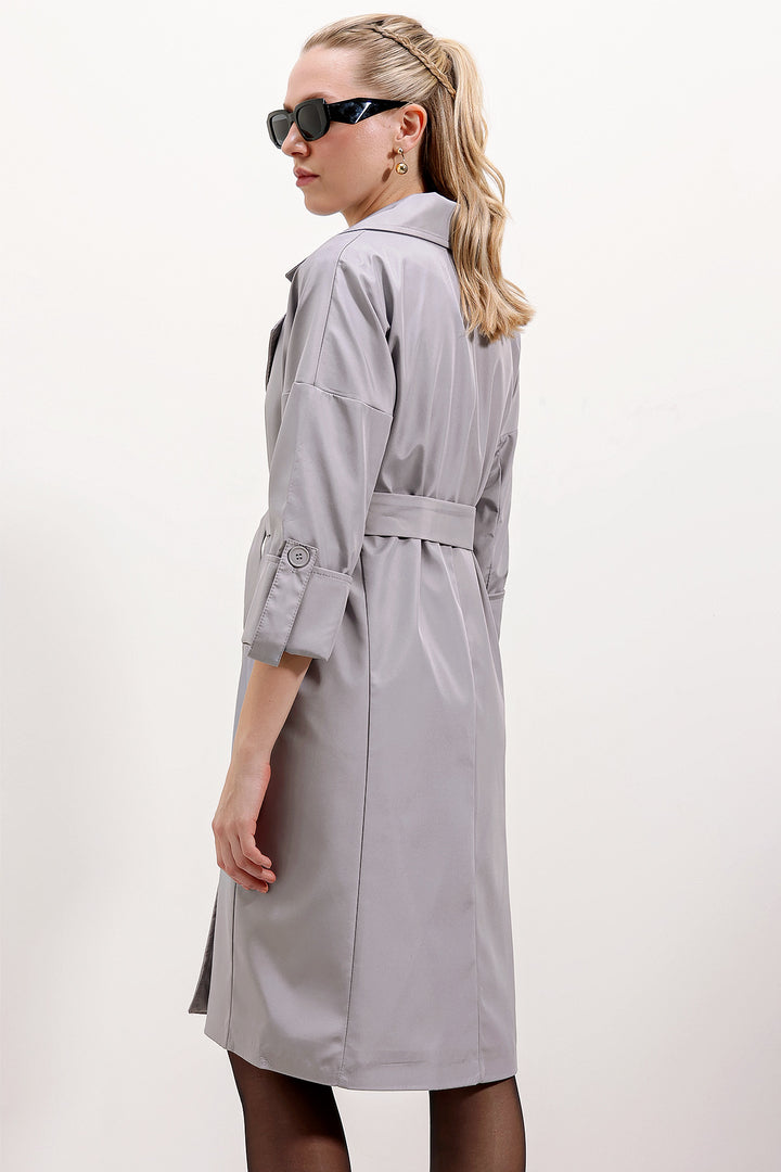 BGD Women Double-Breasted Collar Lined Trench Coat - Grey - Odivelas