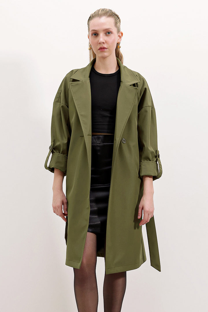 BGD Women Double-Breasted Collar Lined Trench Coat - Khaki - Tezonapa