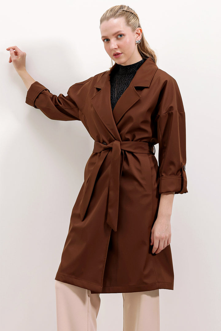 BGD Women Double-Breasted Collar Lined Trench Coat - Brown - Friendswood