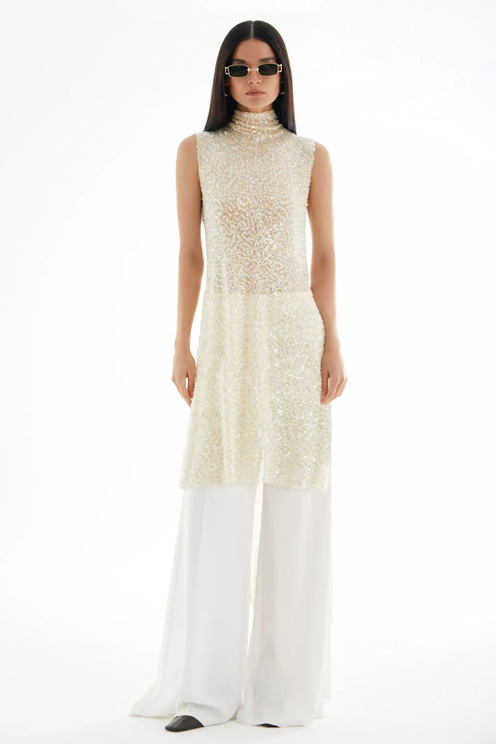 FRV Beige stamp sequins sleeveless maxi tunik - DeSoto