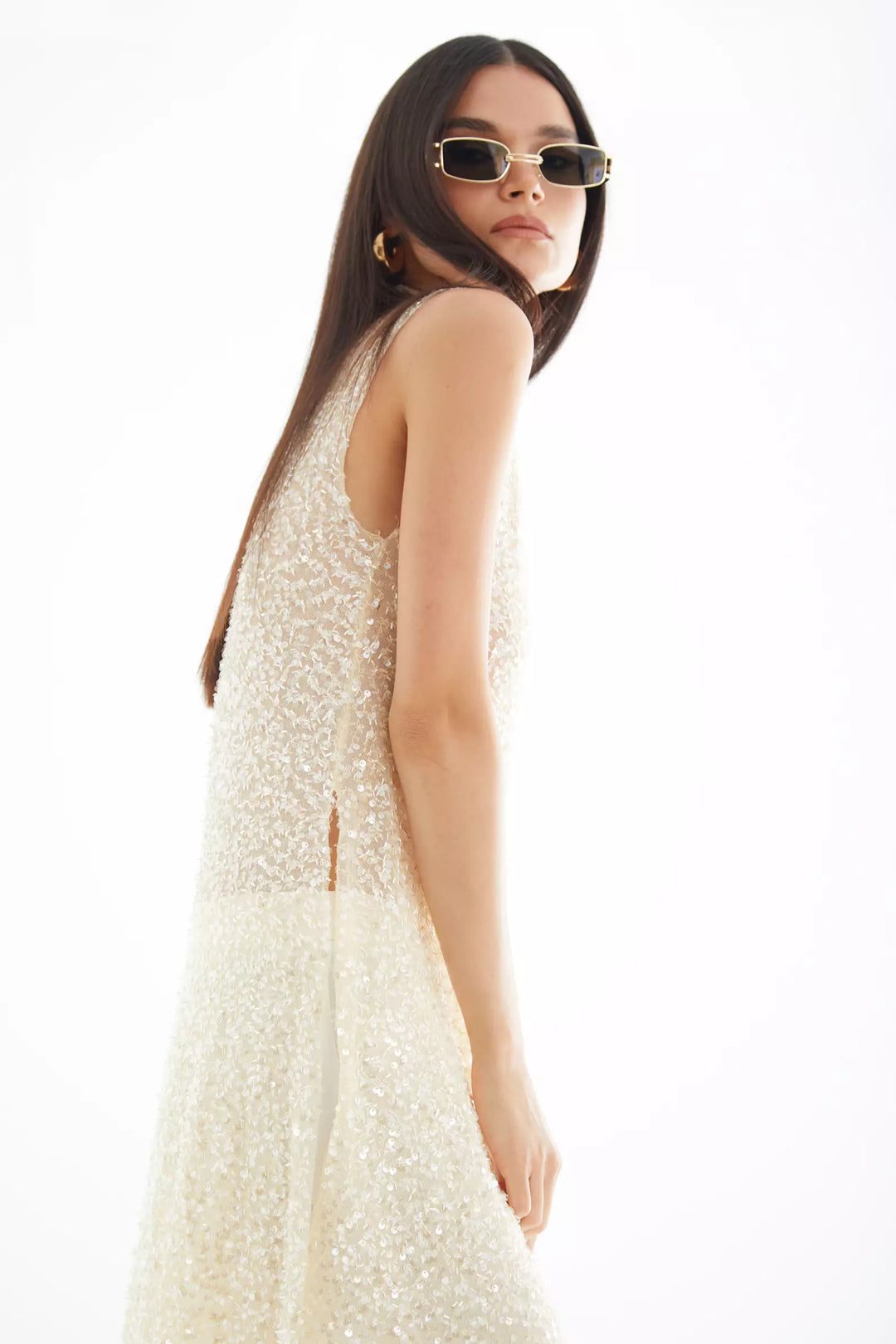 FRV Beige stamp sequins sleeveless maxi tunik - DeSoto