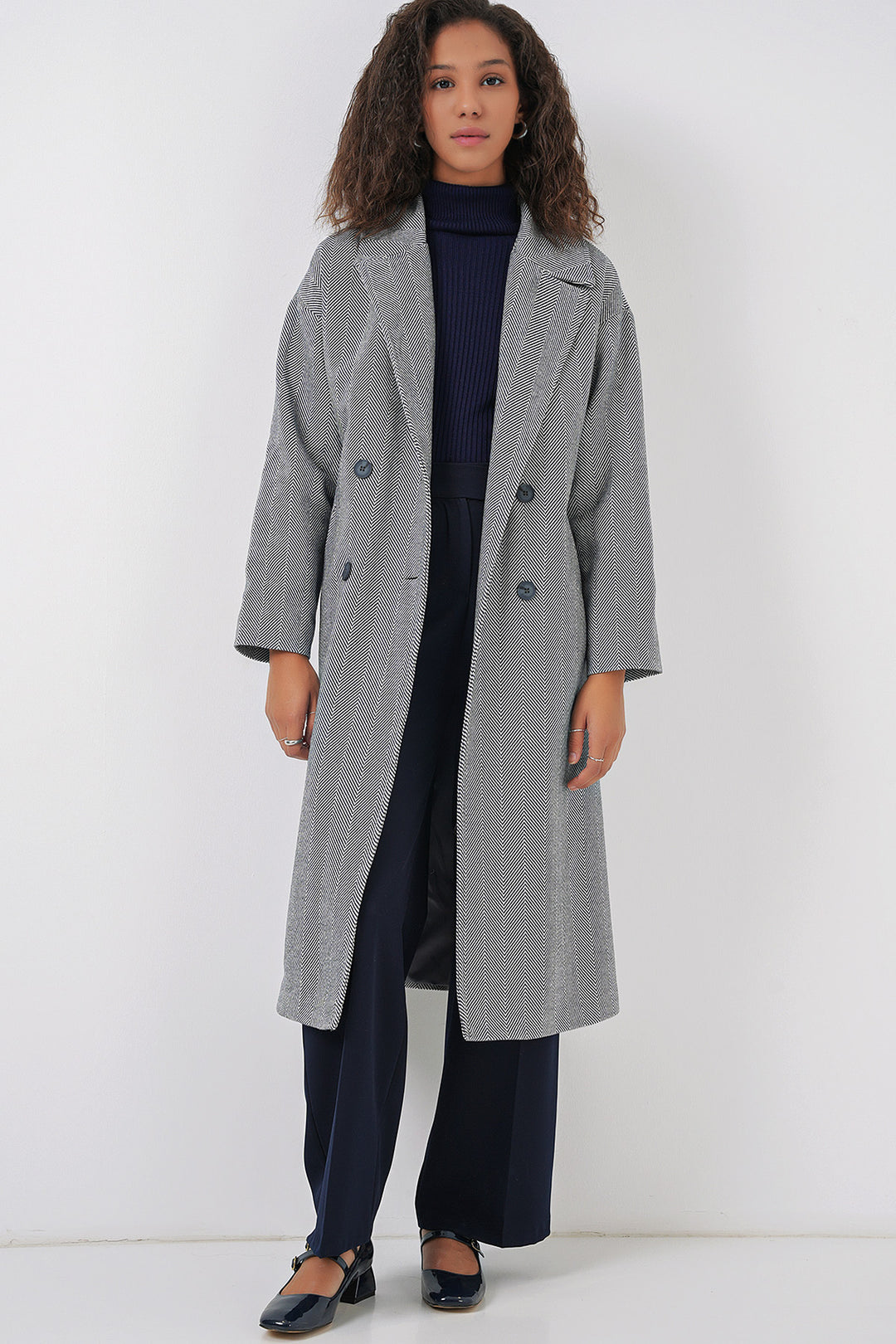 BGD Women Oversize Wide Cut Wool Long Coat - Navy Blue - San Giorgio a Cremano