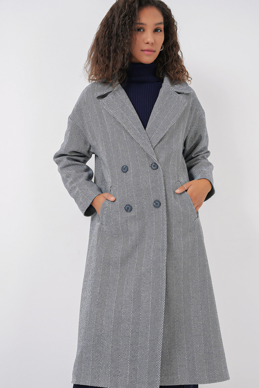 BGD Women Oversize Wide Cut Wool Long Coat - Navy Blue - San Giorgio a Cremano