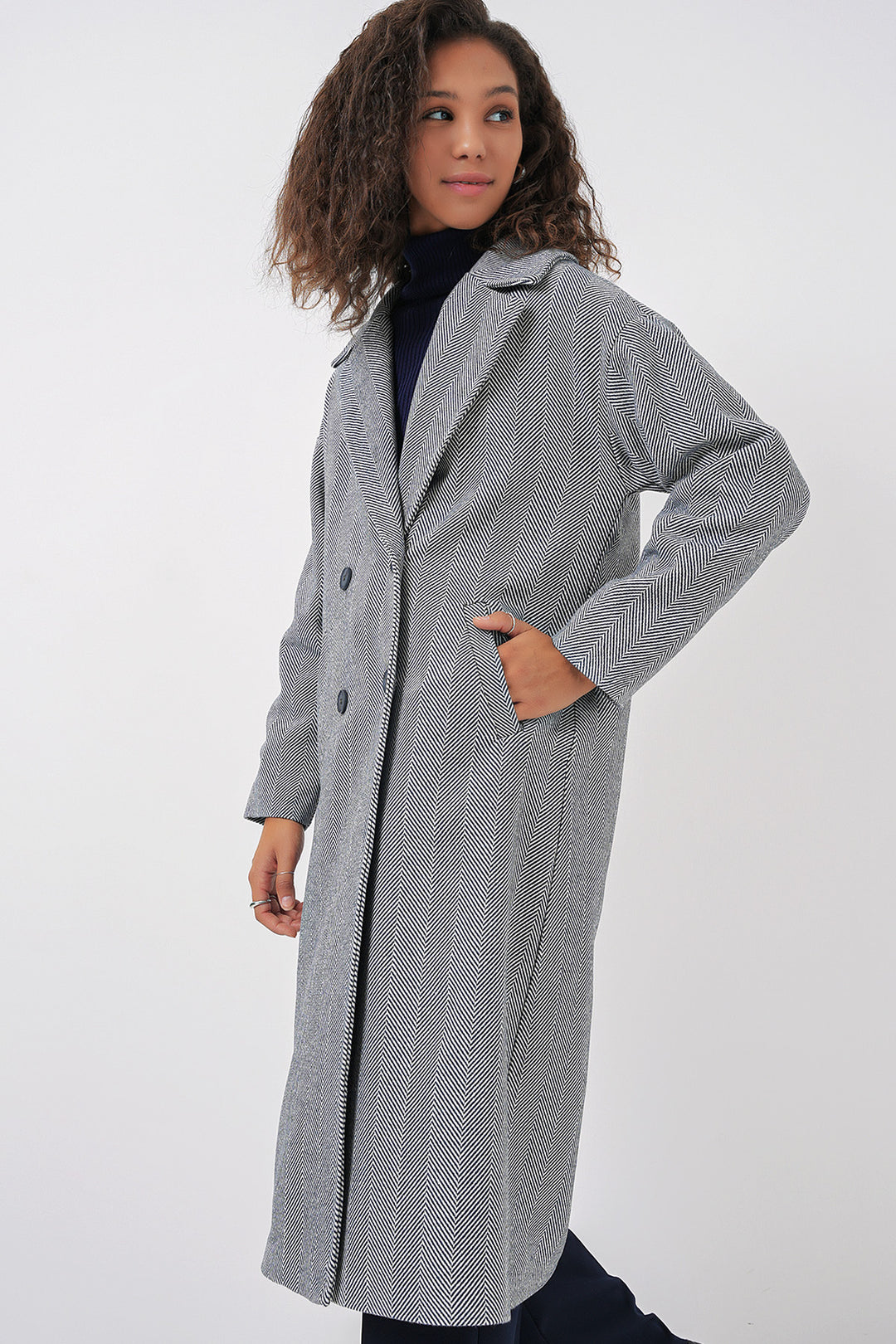 BGD Women Oversize Wide Cut Wool Long Coat - Navy Blue - San Giorgio a Cremano