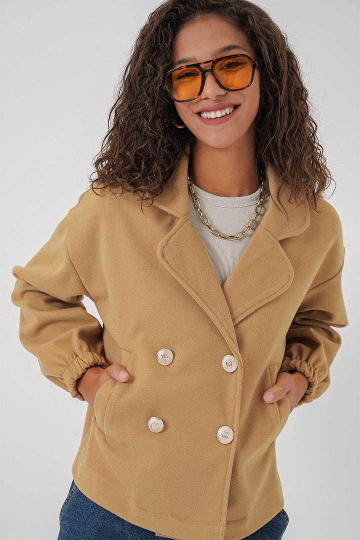 BGD Women Lapel Collar Crop Jacket - Mustard - Montrouge