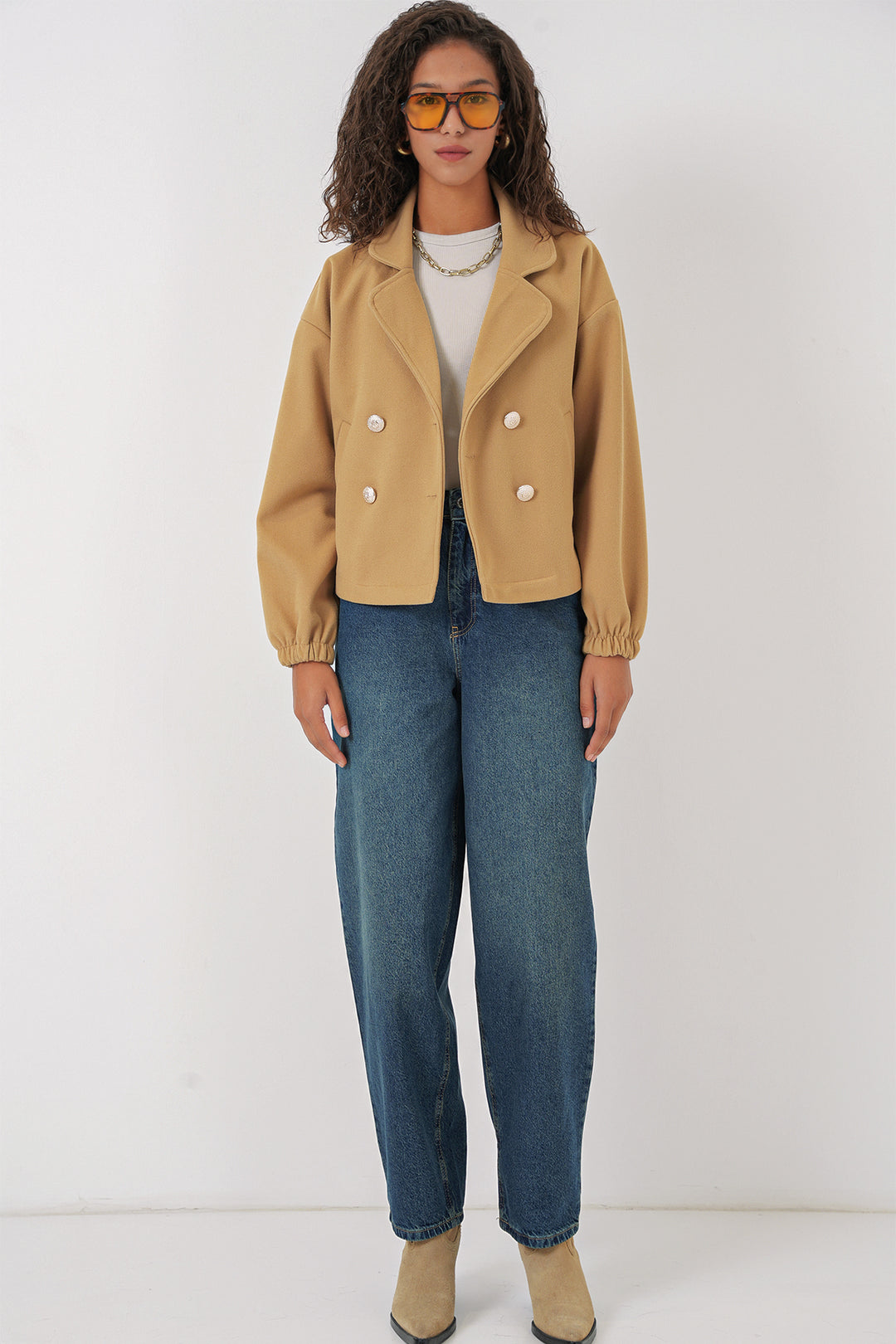 BGD Women Lapel Collar Crop Jacket - Mustard - Montrouge