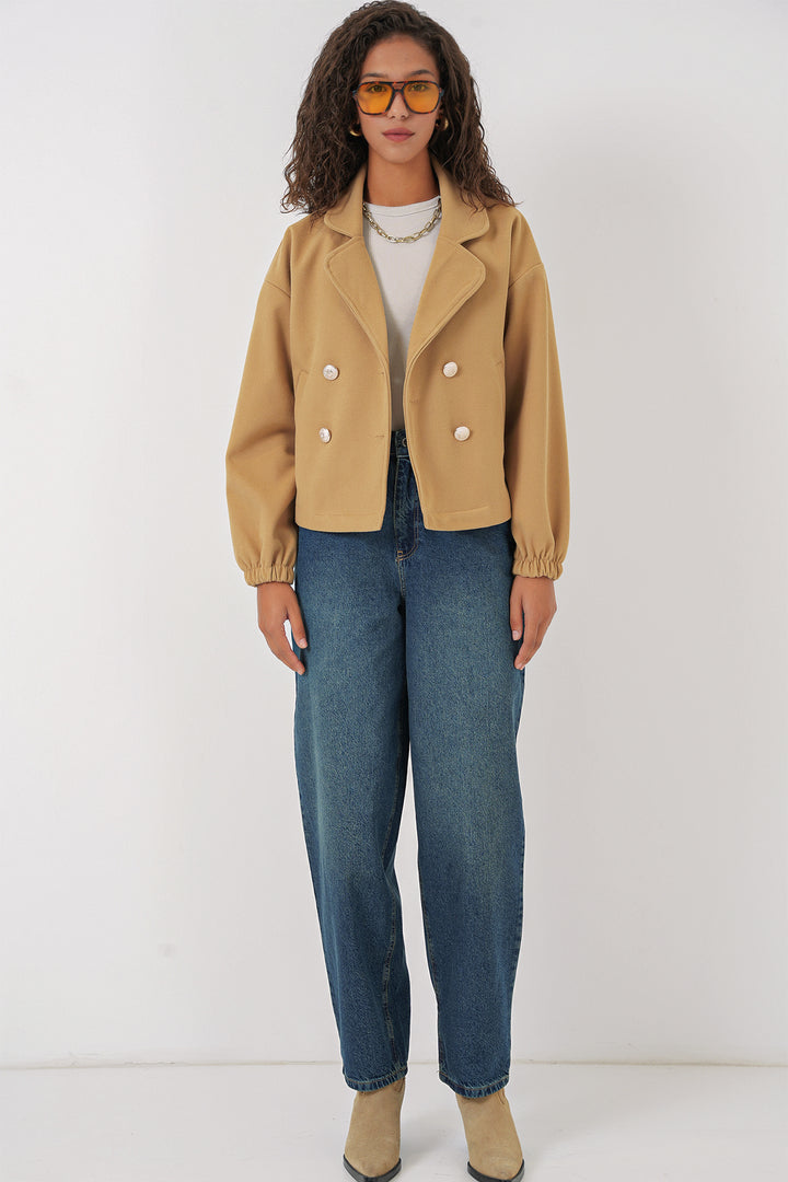 BGD Women Lapel Collar Crop Jacket - Mustard - Montrouge