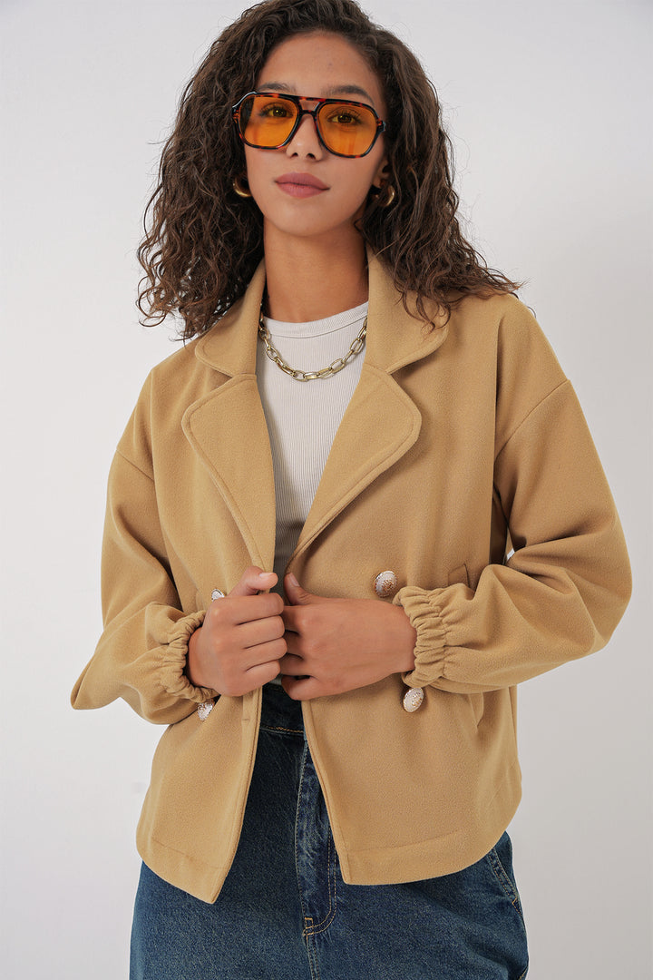 BGD Women Lapel Collar Crop Jacket - Mustard - Montrouge
