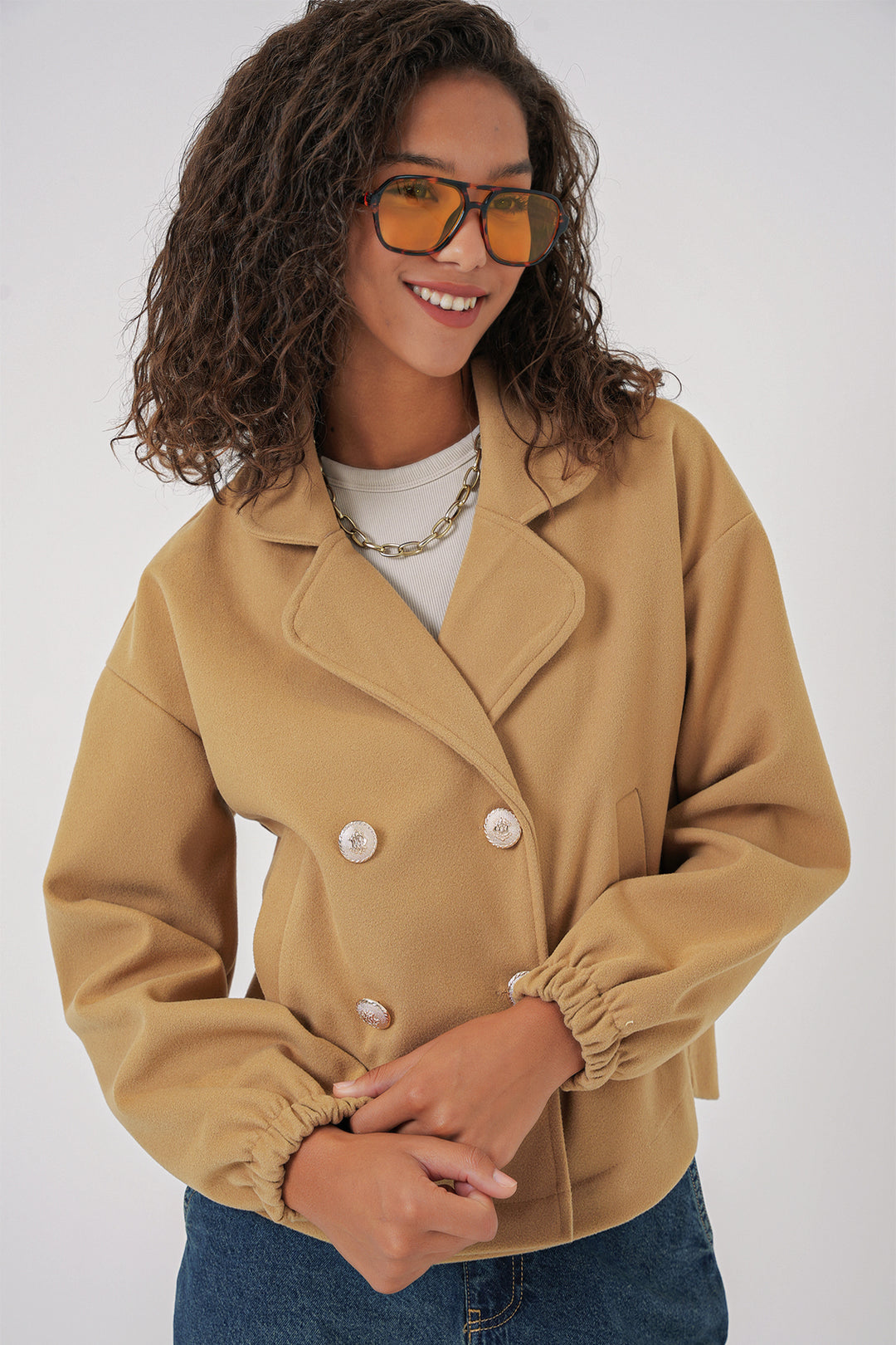BGD Women Lapel Collar Crop Jacket - Mustard - Montrouge