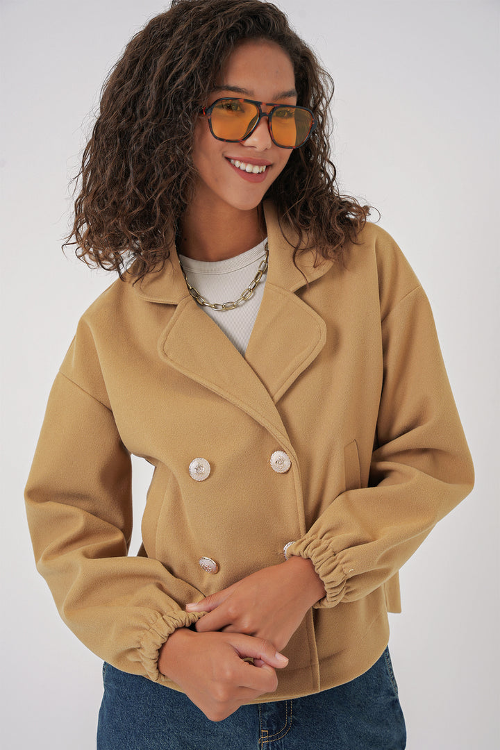 BGD Women Lapel Collar Crop Jacket - Mustard - Montrouge