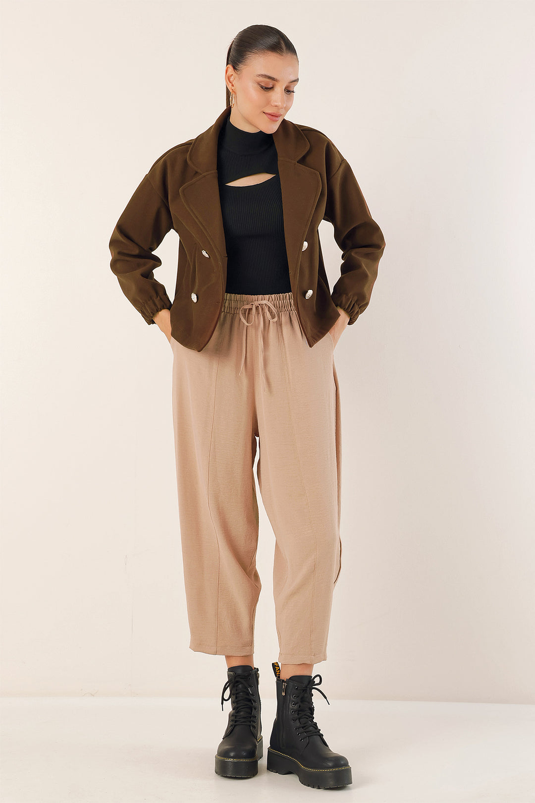 BGD Women Lapel Collar Crop Jacket - Brown - Avondale
