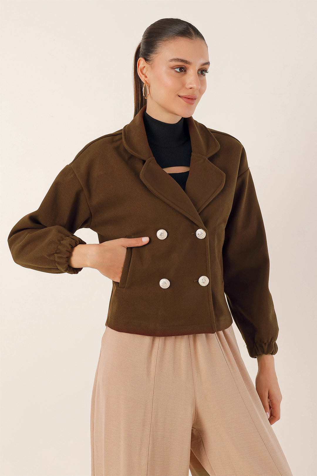 BGD Women Lapel Collar Crop Jacket - Brown - Avondale