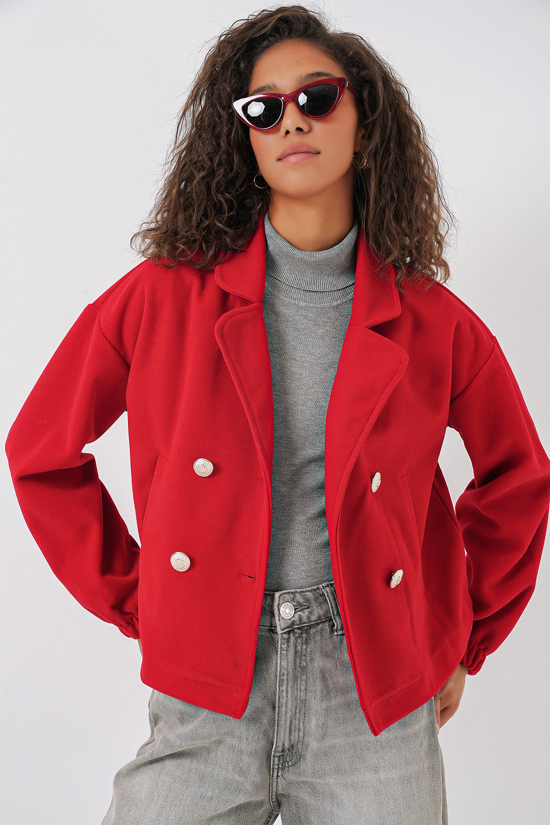 BGD Women Kruvaze Yaka Crop Ceket - Kırmızı - Heemskerk