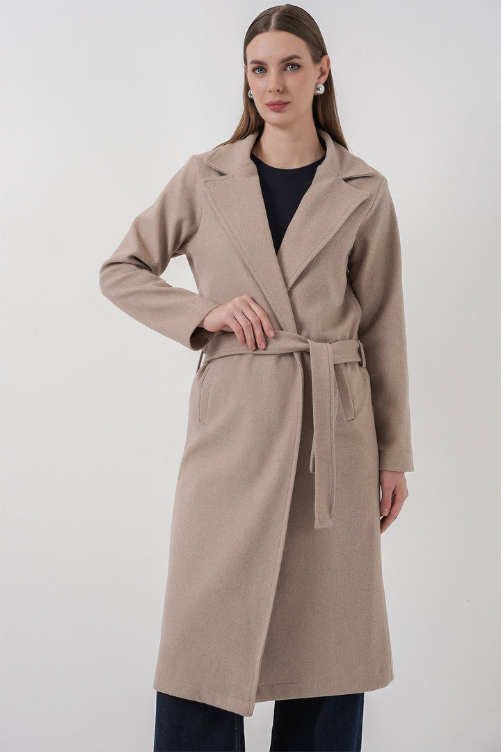 BGD Women Double-Breasted Notched Collar Coat - Light Beige - Queluz
