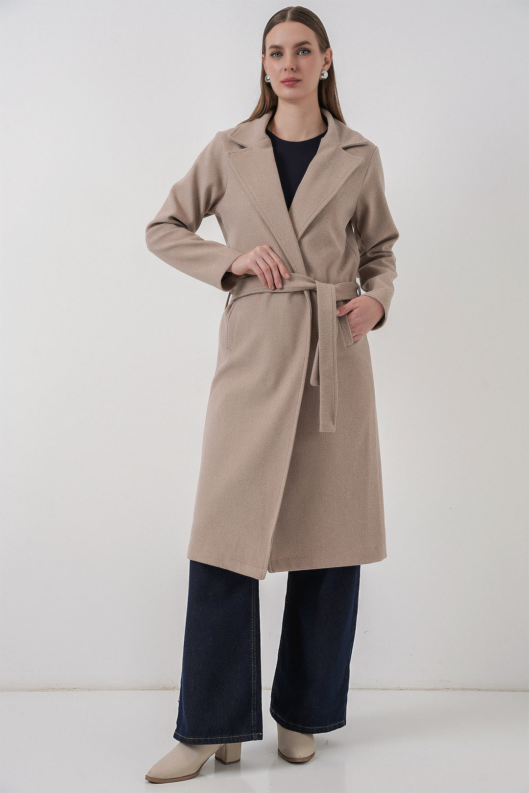 BGD Women Double-Breasted Notched Collar Coat - Light Beige - Queluz