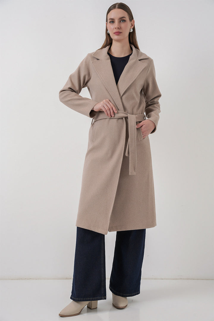 BGD Women Double-Breasted Notched Collar Coat - Light Beige - Queluz