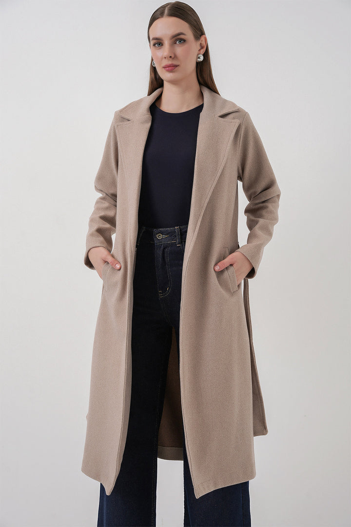 BGD Women Double-Breasted Notched Collar Coat - Light Beige - Queluz