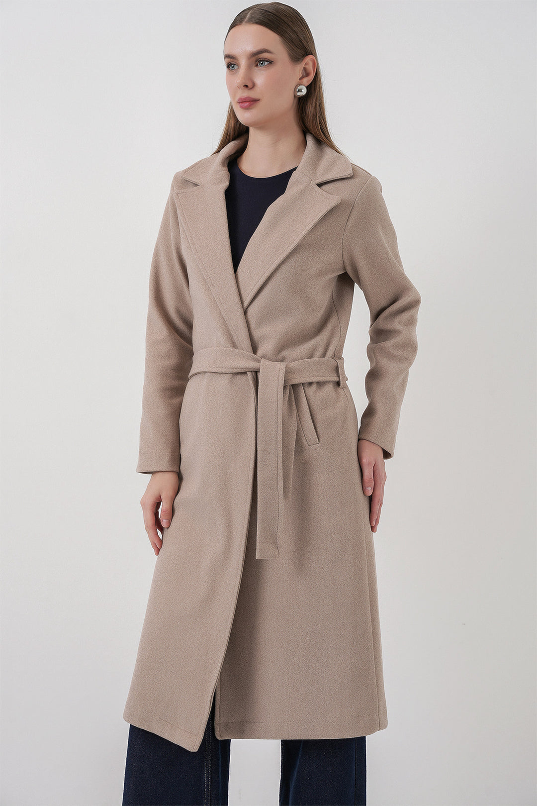 BGD Women Double-Breasted Notched Collar Coat - Light Beige - Queluz