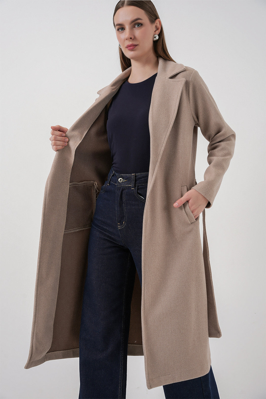 BGD Women Double-Breasted Notched Collar Coat - Light Beige - Queluz