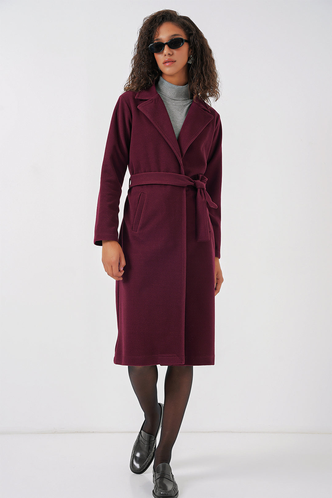 BGD Women Double-Breasted Coat with Shawl Collar - Burgundy - Acireale