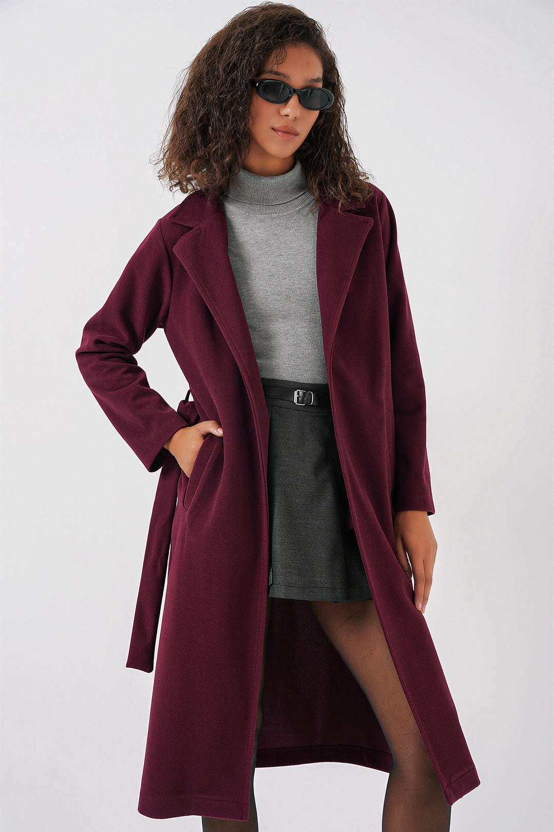 BGD Women Double-Breasted Coat with Shawl Collar - Burgundy - Acireale