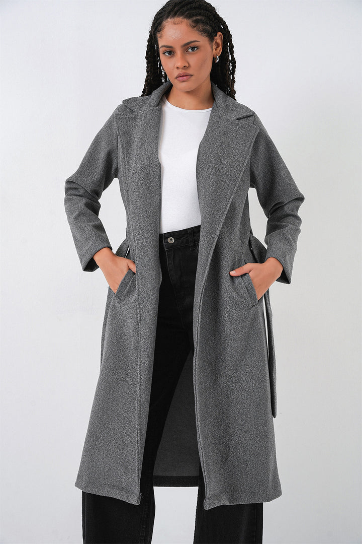 BGD Women Double Breasted Shawl Collar Coat - Smoke Gray - Vélez-Málaga