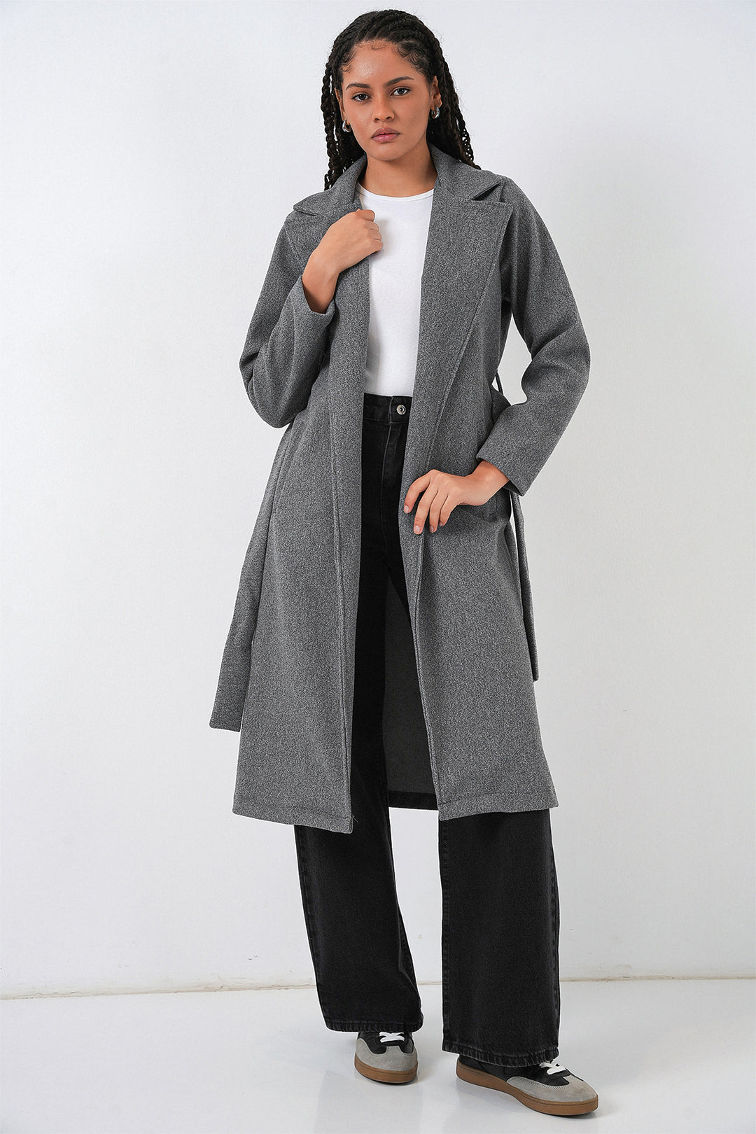 BGD Women Double Breasted Shawl Collar Coat - Smoke Gray - Vélez-Málaga