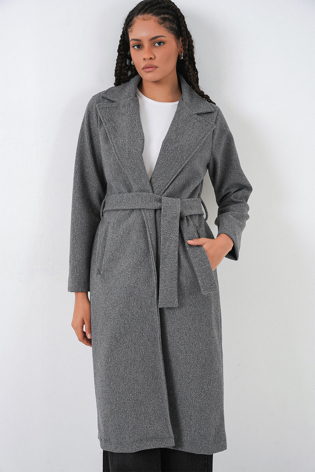 BGD Women Double Breasted Shawl Collar Coat - Smoke Gray - Vélez-Málaga