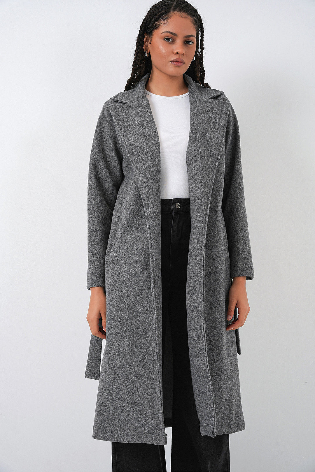 BGD Women Double Breasted Shawl Collar Coat - Smoke Gray - Vélez-Málaga