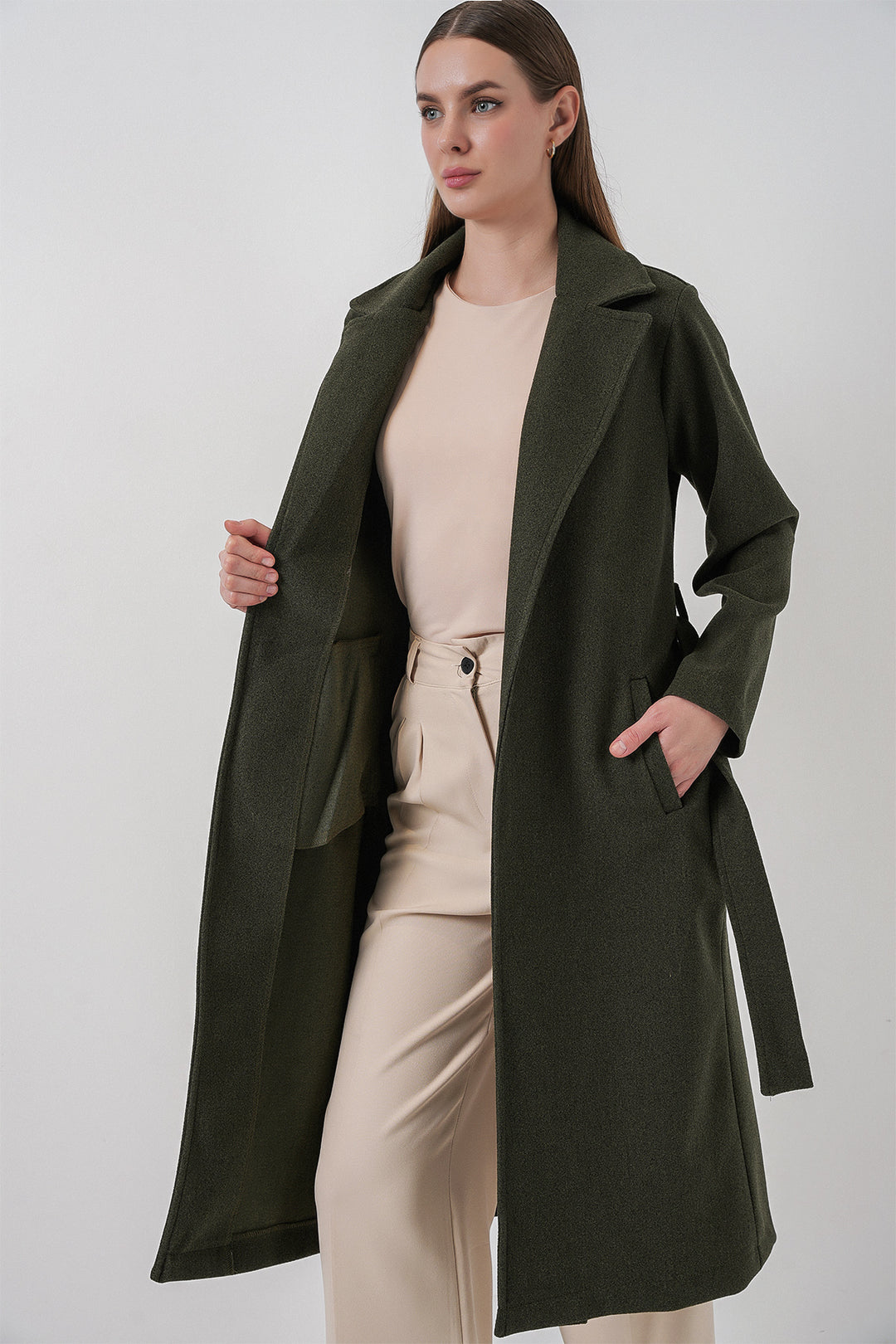 BGD Women Double Breasted Shawl Collar Coat - Khaki - Sayula