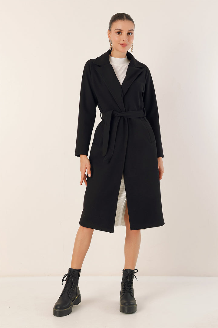 BGD Women Double Breasted Shawl Collar Coat - Black - Zacualtipán