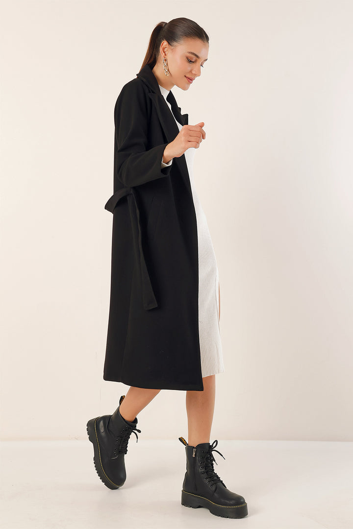 BGD Women Double Breasted Shawl Collar Coat - Black - Zacualtipán