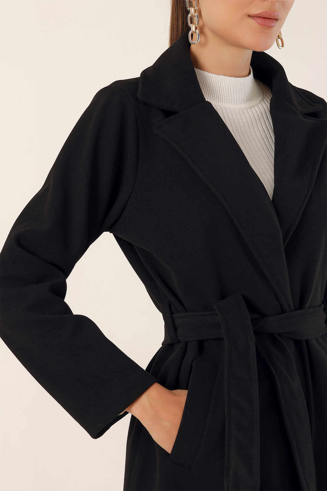 BGD Women Double Breasted Shawl Collar Coat - Black - Zacualtipán