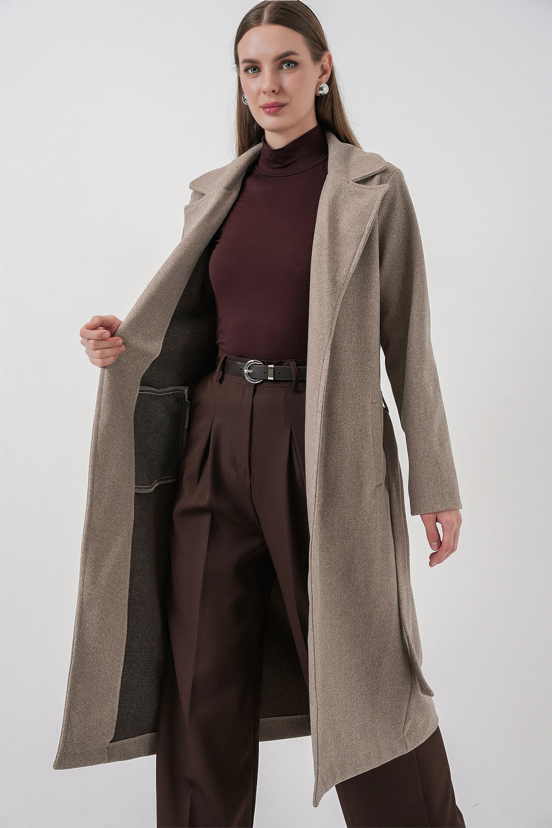 BGD Women Double Breasted Coat with Shawl Collar - Stone - Fair Lawn