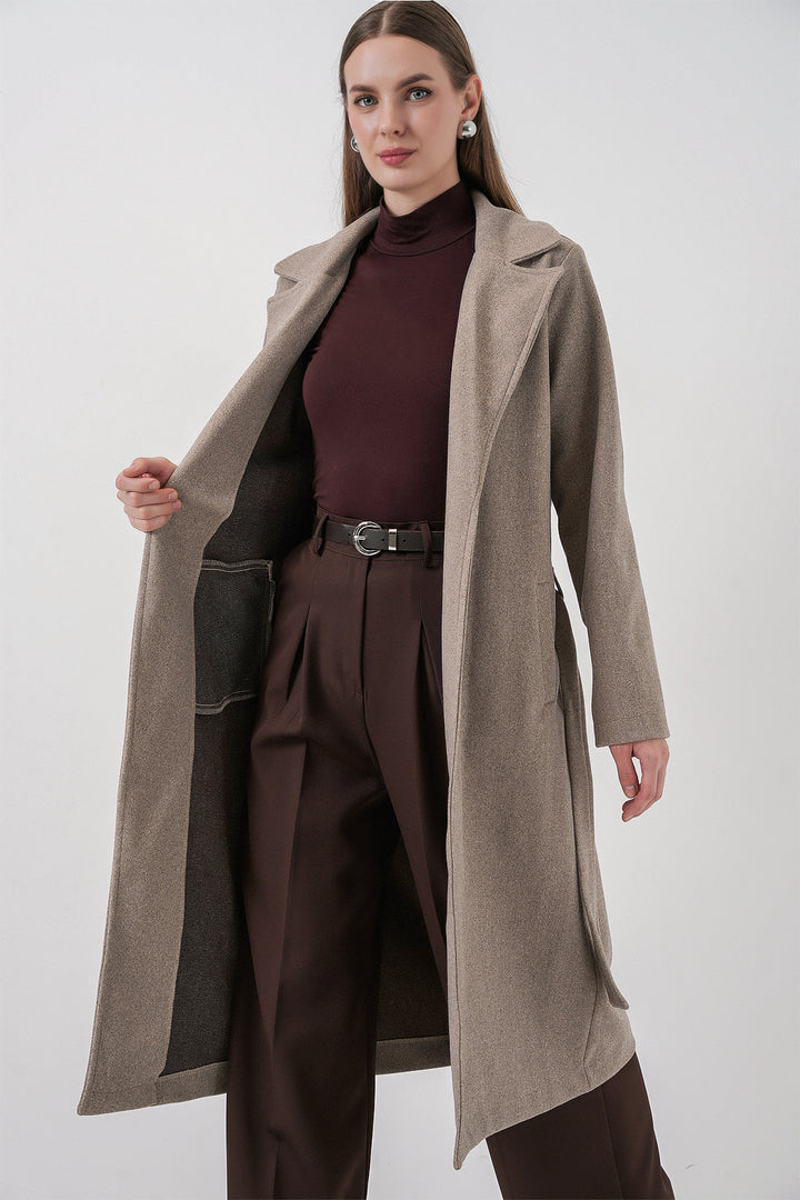 BGD Women Double Breasted Coat with Shawl Collar - Stone - Fair Lawn