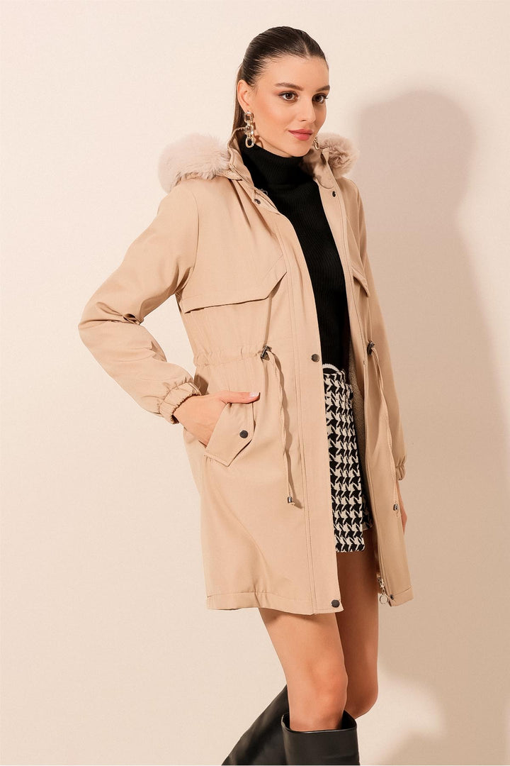BGD Women Hooded Faux Fur Coat - Beige - Apple Valley