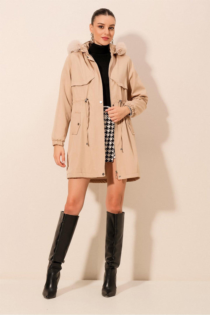 BGD Women Hooded Faux Fur Coat - Beige - Apple Valley