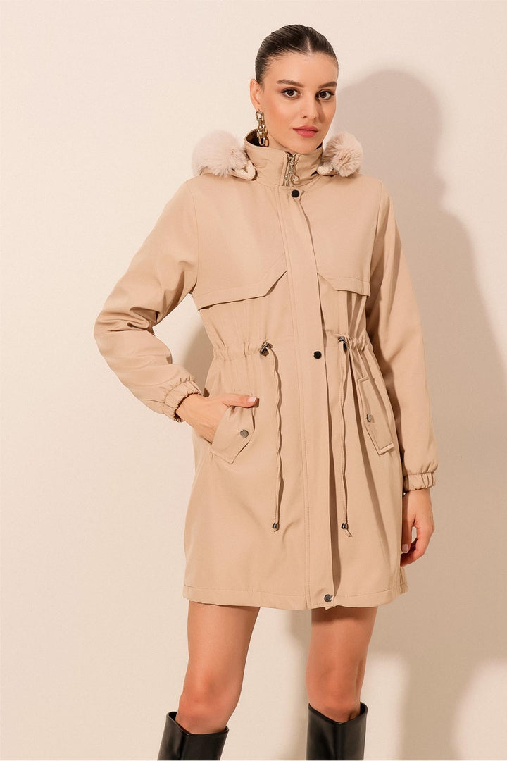 BGD Women Hooded Faux Fur Coat - Beige - Apple Valley