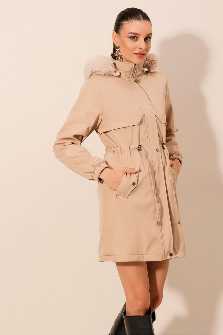 BGD Women Hooded Faux Fur Coat - Beige - Apple Valley