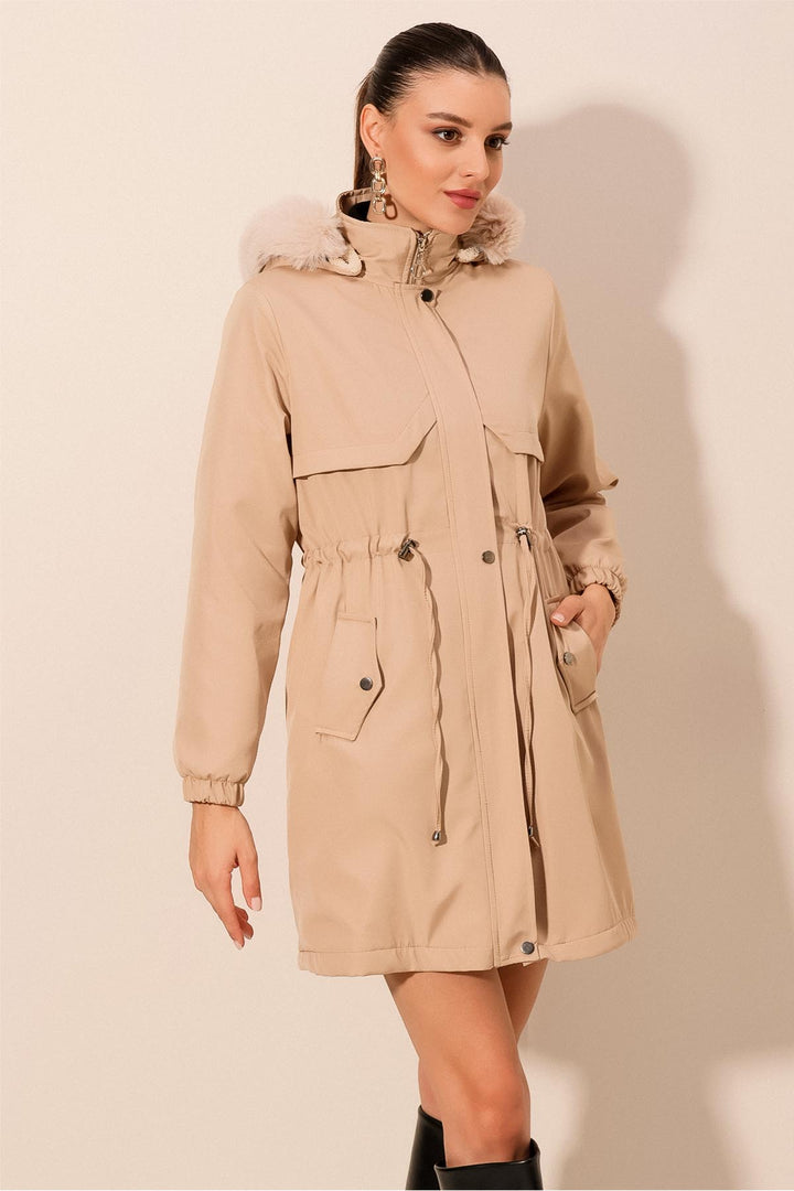 BGD Women Hooded Faux Fur Coat - Beige - Apple Valley