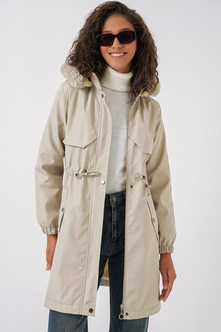 BGD Women Hooded Faux Fur Coat - Stone - Pallíni