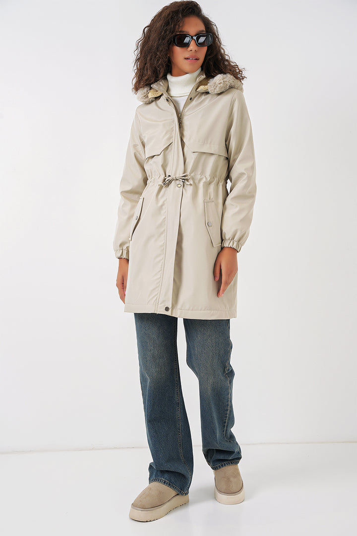 BGD Women Hooded Faux Fur Coat - Stone - Pallíni