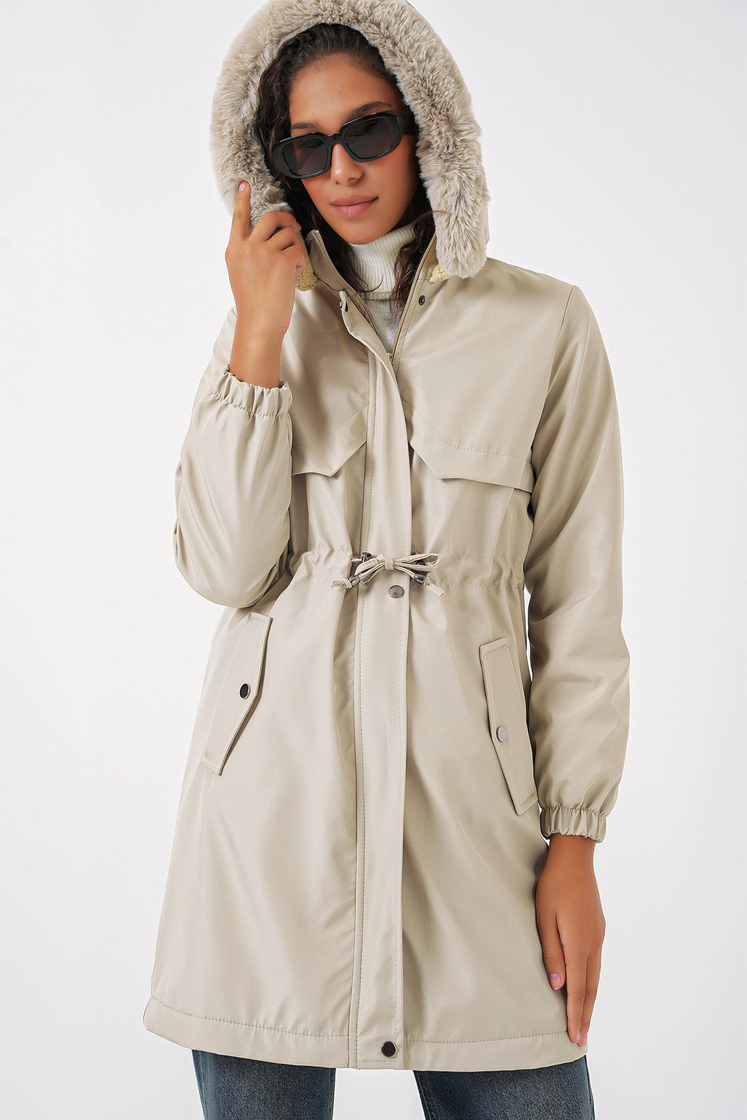 BGD Women Hooded Faux Fur Coat - Stone - Pallíni