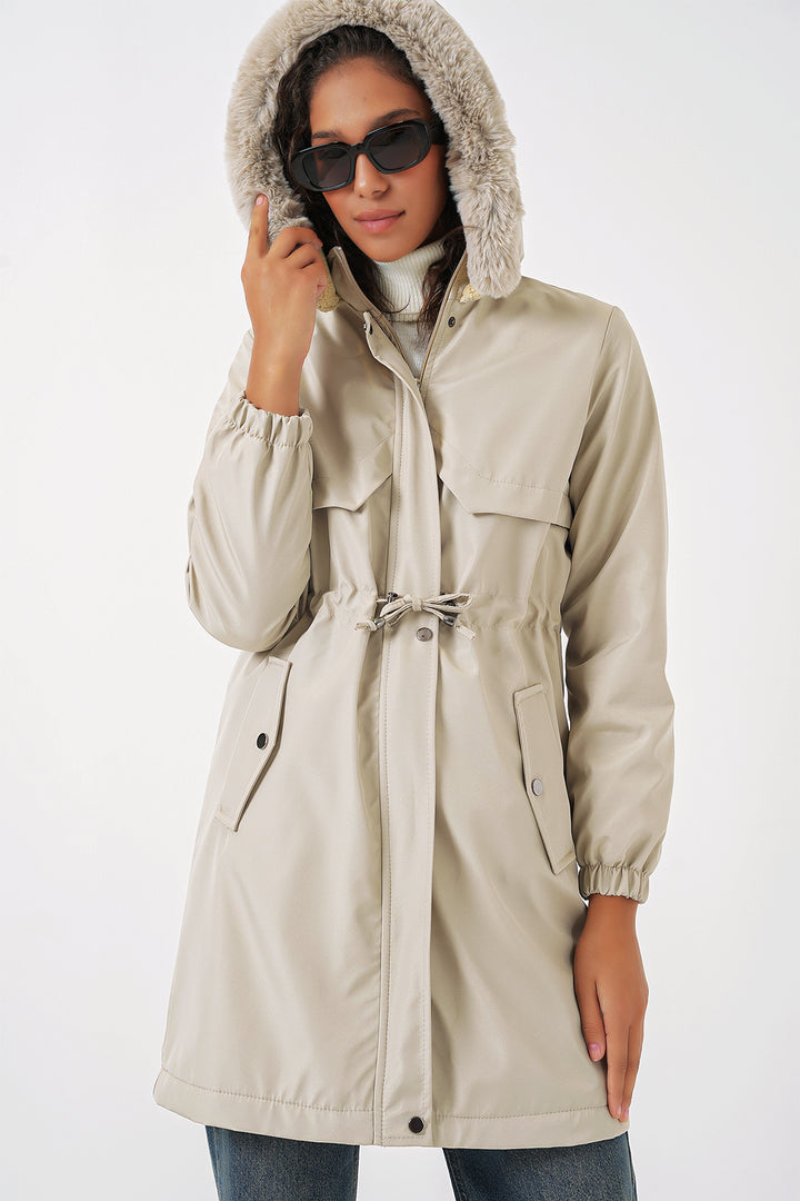 BGD Women Hooded Faux Fur Coat - Stone - Pallíni
