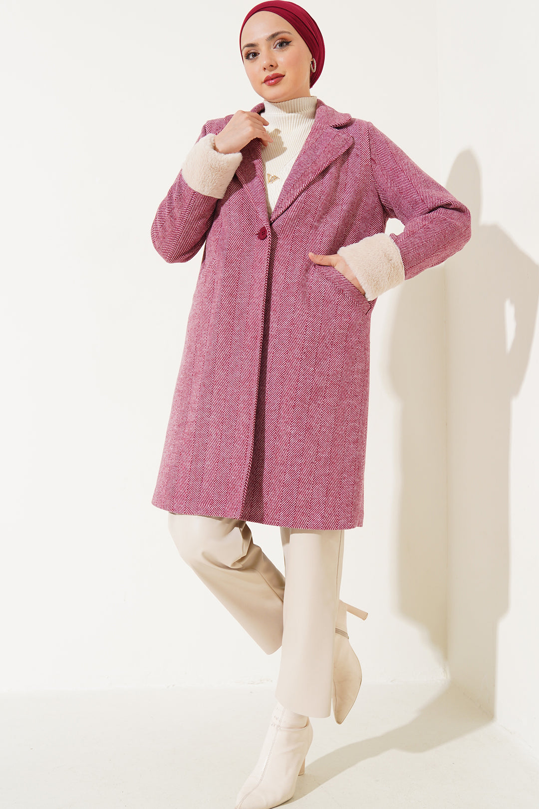 BGD Women Women's Arms Furry Fishbone Overcoat - Burgundy - Charlottetown