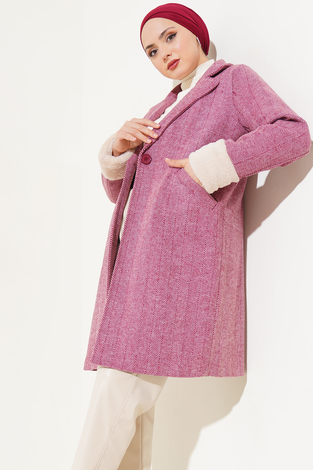 BGD Women Women's Arms Furry Fishbone Overcoat - Burgundy - Charlottetown