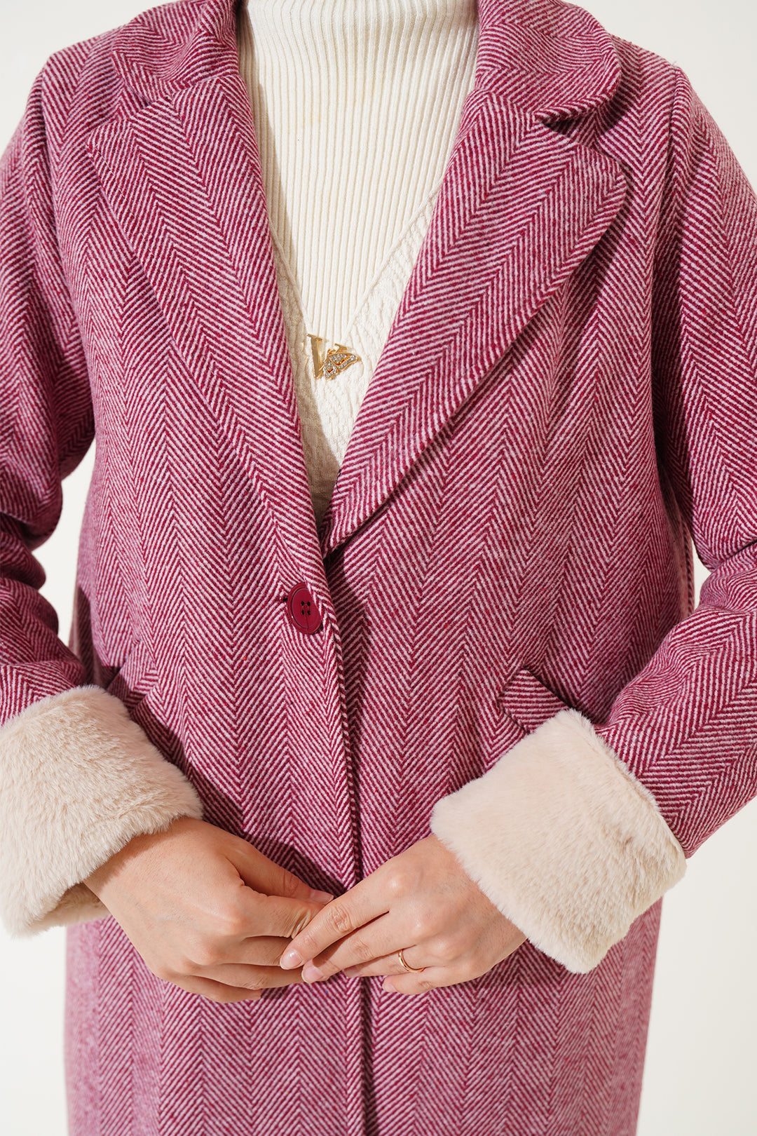 BGD Women Women's Arms Furry Fishbone Overcoat - Burgundy - Charlottetown