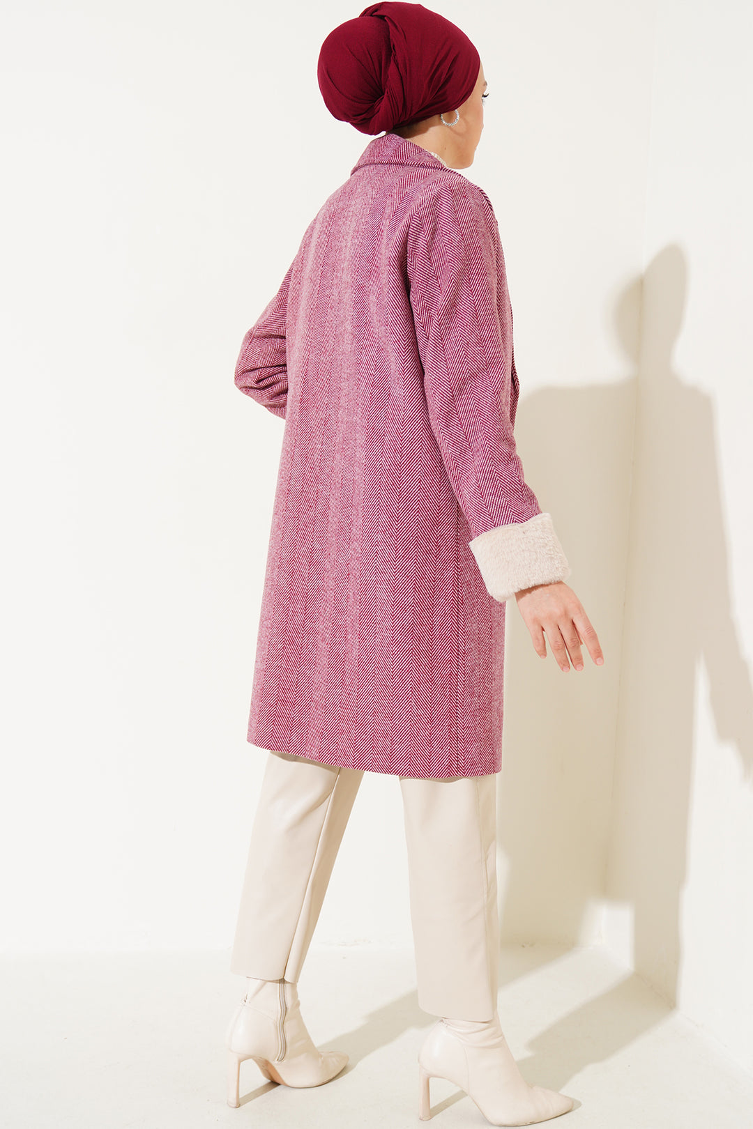 BGD Women Women's Arms Furry Fishbone Overcoat - Burgundy - Charlottetown