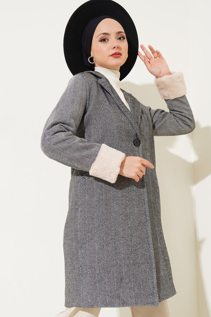 BGD Women Women's Arms Furry Fishbone Overcoat - Dark Black - Elda